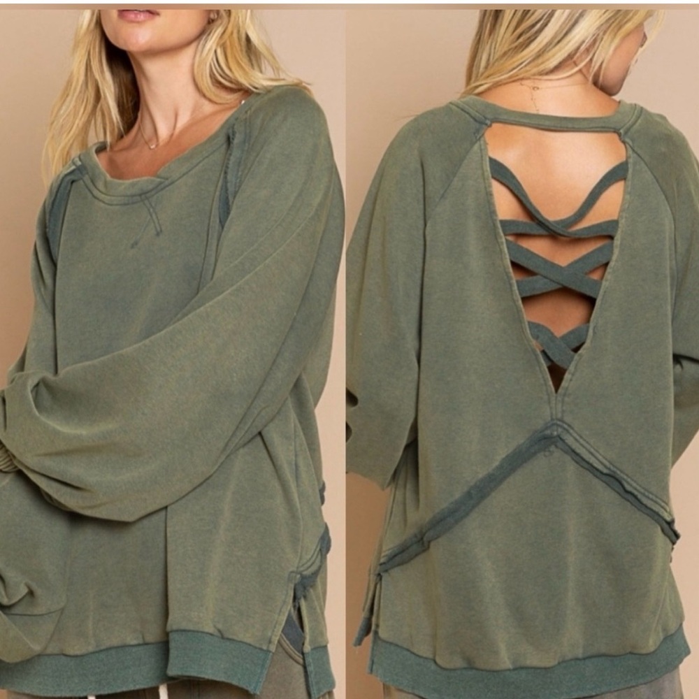 POL criss cross back olive green oversized baggy sweatshirt sweater womens S